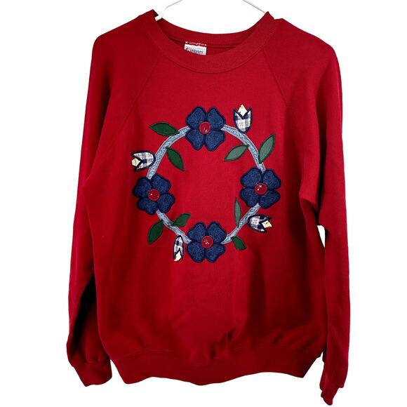 Vintage Hanes Floral Sweatshirt Embroidered Crew Oversized 100% Cotton Red Large - Picture 1 of 4